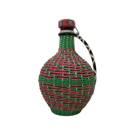 Vintage Viresa Spain Wine Bottle Plastic Woven Wicker Metal Handle Empty Boho